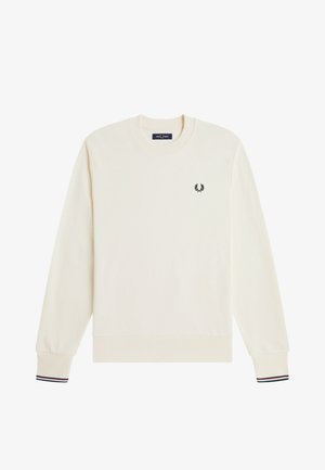 Felpa a maniche lunghe color crema con scollo rotondo e polsini a costine con sottili strisce rosse e blu navy e piccolo logo di corona di alloro nera sul petto.