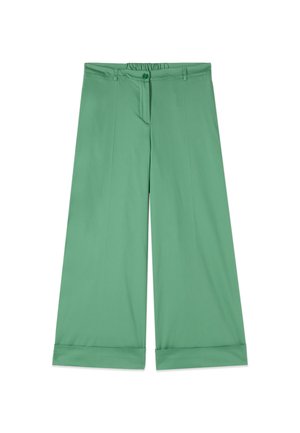 Grønne cropped bukser med vid ben, knaplukning, bæltestropper og opsmøgede kanter, vist på en hvid baggrund.