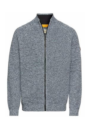 Reißverschluss-Sweater aus einem grau-navy melierten Strick, mit Stehkragen, gerippten Bündchen und einem Frontreißverschluss.