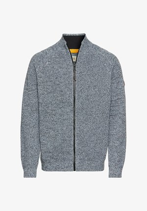 Sweter z zamkiem w kolorze szaro-granatowym melanżowym, z kołnierzem stójkowym, ściągaczami na rękawach i zamkiem z przodu.