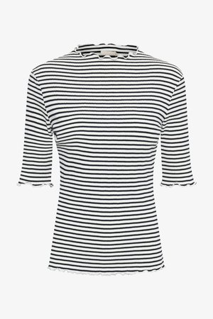 Top à rayures noires et blanches avec une texture côtelée, col rond et manches courtes à bord festonné. Présente une silhouette ajustée et une longueur cropped.