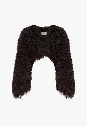 Zwarte cropped jas gemaakt van gestructureerde bontstof met lange mouwen, voorzien van een hoge halslijn en een ruwe, ongestructureerde zoom.
