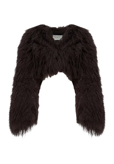 Zwarte cropped jas gemaakt van gestructureerde bontstof met lange mouwen, voorzien van een hoge halslijn en een ruwe, ongestructureerde zoom.