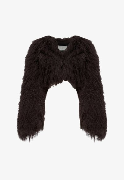 Zwarte cropped jas gemaakt van gestructureerde bontstof met lange mouwen, voorzien van een hoge halslijn en een ruwe, ongestructureerde zoom.