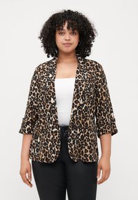 Leopard print blazer made of lightweight fabric, featuring a collarless design, three-quarter sleeves, and two front pockets. Black accents visible.
