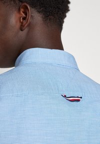 Jasnoniebieska koszula w kratę z kołnierzykiem, ozdobiona czerwono-biało-niebieskim haftowanym akcentem na plecach.