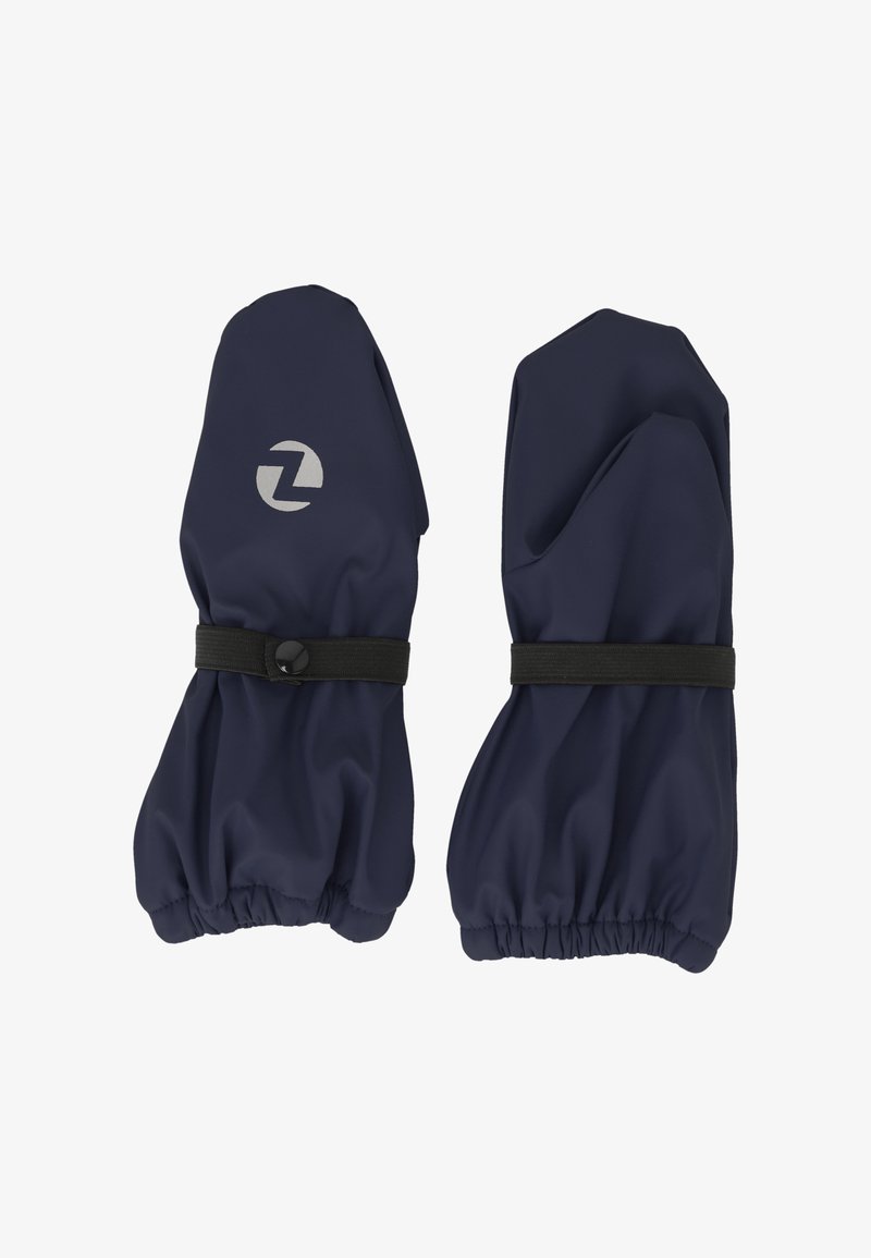 Marineblauwe geïsoleerde wanten van zachte stof, met elastische manchetten en een zwarte band voor een veilige pasvorm. Zilveren logo aan de voorkant.