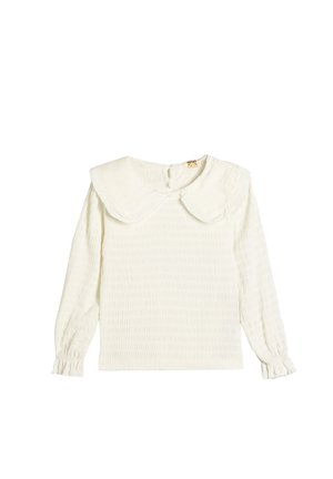 Weiße Bluse mit langen Ärmeln aus strukturiertem Stoff, mit großem, runden Kragen und gerafften Manschetten an den Ärmeln. Knopfverschluss auf der Rückseite.