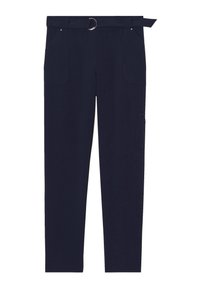 Marineblauwe geweven broeken met een strikceintuur, twee zijzakken en een gestructureerde afwerking. Heeft zilverkleurige hardwareaccenten op de tailleband.