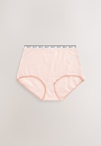 Culottes femme taille haute avec rayures horizontales rose clair et blanc et une ceinture blanche avec le texte noir répété "NEXT".