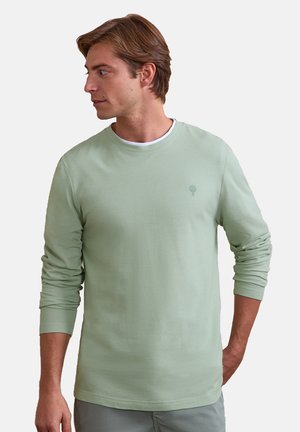 Mann mit hellbraunen Haaren trägt ein hellgrünes langärmeliges Hemd und blickt nach links vor einem einfarbigen Hintergrund.