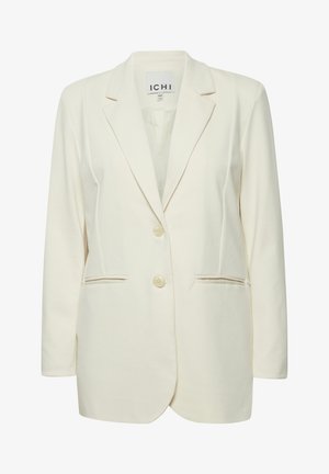 Blazer ivoire en tissu lisse, avec un col cranté, deux boutons et des poches avant avec des détails en couture.
