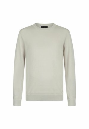 Hellgrauer Rundhals-Pullover mit langen Ärmeln, gerippten Bündchen und Saum, aus einem glatten Strickstoff gefertigt, mit einem kleinen Logo am Saum.