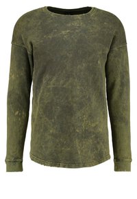 Olivgrön långärmad sweatshirt med en texturerad, blekt finish, med rund halsringning och råa kanter.