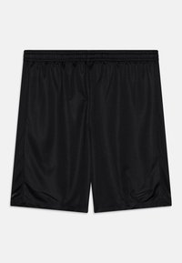 Shorts atléticos negros con cintura elástica, tejido ligero, paneles de malla laterales y un pequeño logo de swoosh negro de Nike en la pierna izquierda.