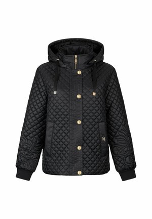 Giacca nera trapuntata con bottoni dorati, zip, cappuccio con coulisse, tasche frontali e ricami floreali sulle maniche e polsini a costine.