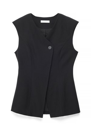 Čierna bezrukávová na mieru šitá vesta s asymetrickou prednou klopou zapínanou na jeden gombík a s guľatým výstrihom.