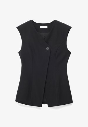 Črni brezrokavnik po meri z asimetričnim sprednjim preklopom, ki ga zadržuje en gumb, in okroglim izrezom na vratu.