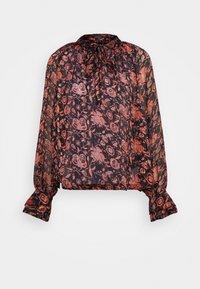 Gennemsigtigt sort bluse med blomsterprint i rød og pink. Har en høj hals, samlet manchetter og fyldige ærmer for et let udseende.