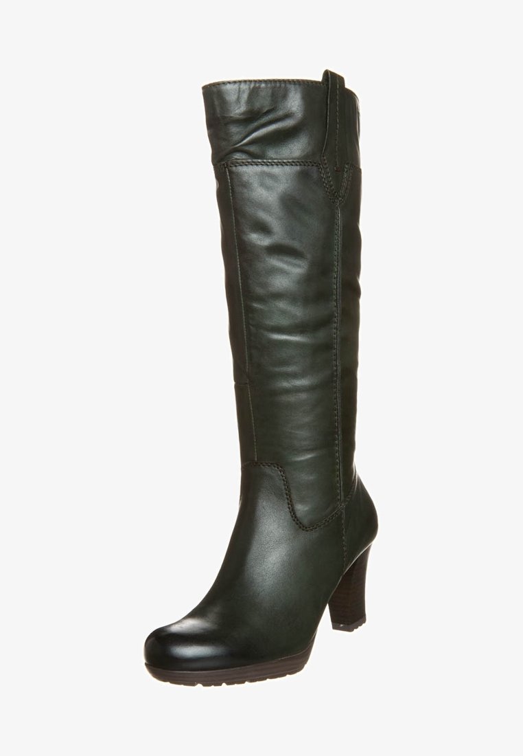 Botte pour femme en cuir vert foncé, haute, avec un bout arrondi et un talon moyen en bois massif.