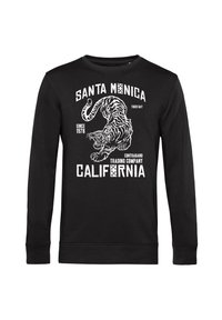 Černá mikina s dlouhým rukávem s grafikou bílé tygříci a textem "Santa Monica" a "California" v tučném písmu.