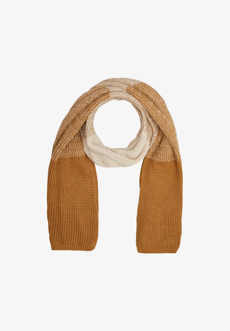 Écharpe tricotée avec une texture épaisse présentant un dégradé de beige à marron clair puis à des tons caramel foncé, disposée en boucle sur un fond blanc.