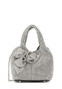 Borsa a mano con perline argento, due manici, dettaglio a fiocco testurizzato e tracolla removibile, caratterizzata da una forma rotonda e base piatta.