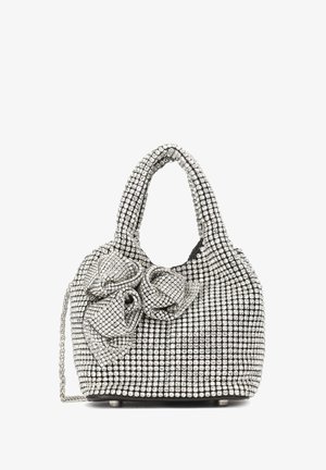 Ezüst gyöngyökkel díszített kézitáska, két füllel, texturált masni részlettel és leválasztható láncos pánttal, lekerekített formával és lapos aljjal.