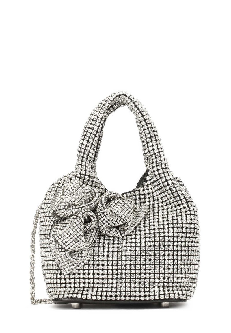 Borsa a mano con perline argento, due manici, dettaglio a fiocco testurizzato e tracolla removibile, caratterizzata da una forma rotonda e base piatta.