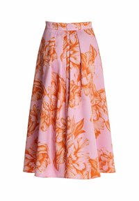 Jupe midi rose à large imprimé floral orange, taille haute et plis sur le devant.