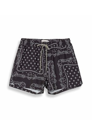 Bañador negro con un patrón de paisley blanco, con cintura ajustable. Está elaborado con un tejido ligero y de textura suave.