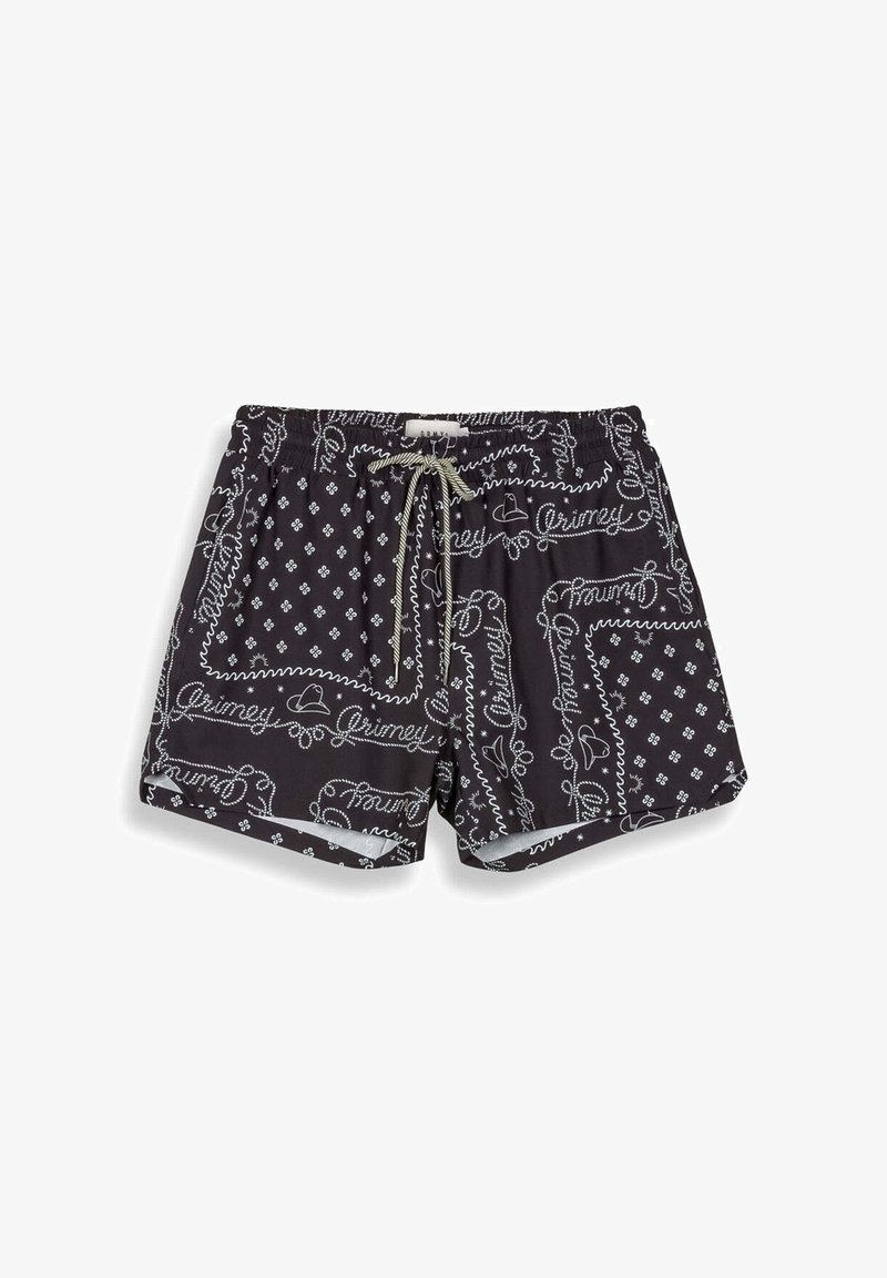 Bañador negro con un patrón de paisley blanco, con cintura ajustable. Está elaborado con un tejido ligero y de textura suave.