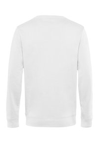 Ein schlichtes, weißes Langarm-Sweatshirt mit Rundhalsausschnitt, von hinten gezeigt, mit gerippten Bündchen und Saum.