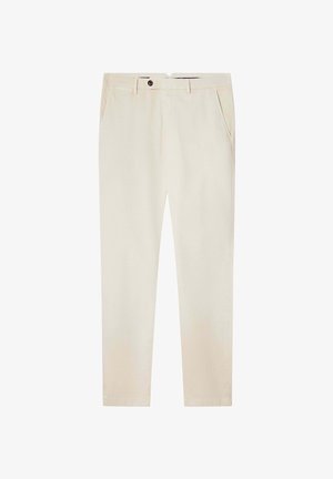 Chino in cotone beige con vestibilità dritta, dotato di chiusura con bottone, tasche frontali e orlo su misura. Tessuto liscio e senza motivi visibili.