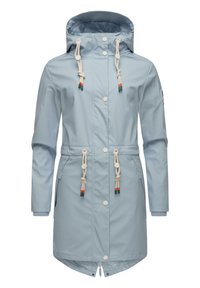 Light blue waterproof raincoat with a hood, drawstring closure, side pockets, and button fastenings. Sleek design, smooth texture.
