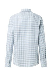 Light blue and white checkered long-sleeve shirt with a button-down collar, featuring cuff buttons and a straight hem. Cotton material.