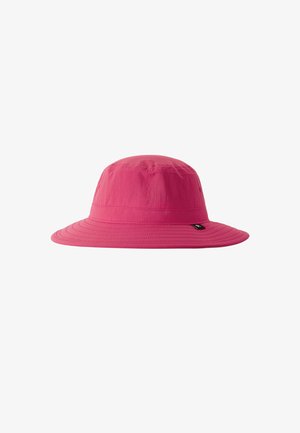 Pink bucket hat with a flexible, wide-brim design and textured fabric. Features a stitched band and a small logo accent on the side.