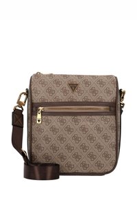 Borsa a tracolla marrone con motivo a fantasia, in tessuto beige, con logo a triangolo in oro e tasca frontale con zip, dotata di tracolla marrone.