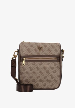Borsa a tracolla marrone con motivo a fantasia, in tessuto beige, con logo a triangolo in oro e tasca frontale con zip, dotata di tracolla marrone.