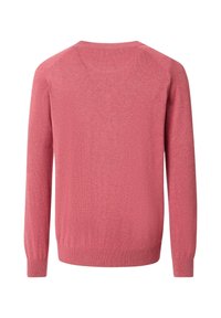 Schlichter Pulli in zartem Rosa, mit langen Ärmeln, Rundhalsausschnitt, weichem Strickmaterial, gerippten Bündchen und Saum, ohne Muster oder Verzierungen.