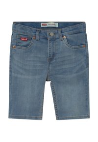 Siniset Levi's 510 skinny farkkushortsit, joissa on napituskanka, etutaskut ja punainen Levi's-logotagi pikkutaskussa.