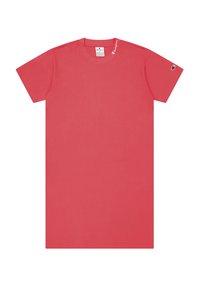 Camiseta de algodón roja con mangas cortas, cuello redondo y detalle de logo en el hombro. Textura suave, corte recto, diseño minimalista.