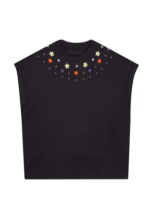 Haut noir sans manches avec col rond, orné de petites broderies florales blanches, orange et violettes autour du col.