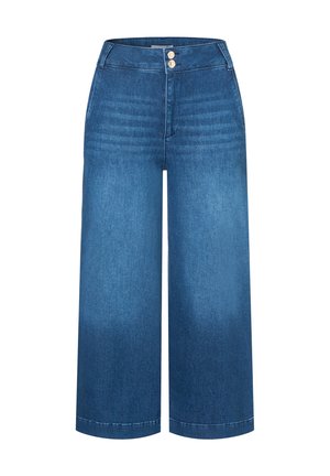 Jeans mit weitem Bein in mittlerem Blau, hoher Taille, Zwei-Knopf-Verschluss und dezenten senkrechten Nahtdetails. Glatte Textur, gerader Schnitt.
