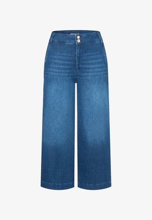 Jeans mit weitem Bein in mittlerem Blau, hoher Taille, Zwei-Knopf-Verschluss und dezenten senkrechten Nahtdetails. Glatte Textur, gerader Schnitt.