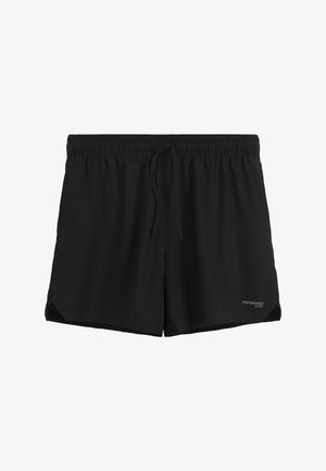 Czarne męskie krótkie spodenki sportowe z elastycznym pasem, sznurkiem, kieszeniami bocznymi oraz logo „Performance Atlantic” na prawym obszyciu.