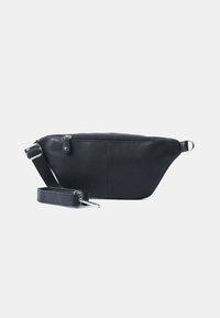 Borsa a tracolla nera in pelle con chiusura a zip, forma rettangolare, tracolla regolabile e superficie liscia. Dotata di una tasca frontale.