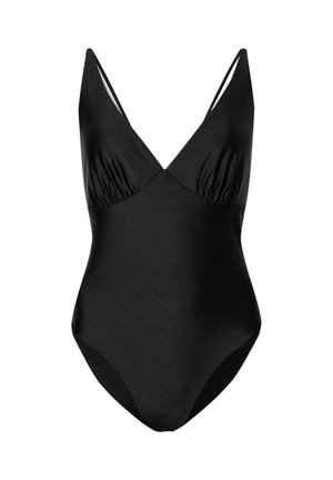 Maillot de bain une pièce noir avec un décolleté en V profond et de fines bretelles, présentant un léger froncé sous la poitrine.