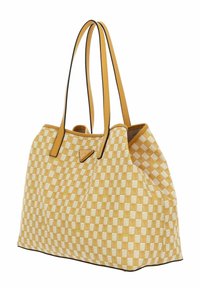 Borsa tote in tela gialla con motivo a scacchi, bordature nere e due spallacci. Presenta un'accento di logo triangolare sul davanti.