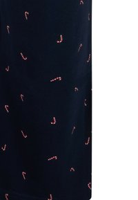 Donkere stof met patroon van kleine rood-wit gestreepte suikerstokjes gelijkmatig verspreid over het oppervlak.